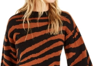 Bar III Women's Zebra Print Volume Sleeve Sweater Gingerbread Orange Size X-Small