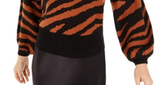 Bar III Women's Zebra Print Volume Sleeve Sweater Gingerbread Orange Size X-Small