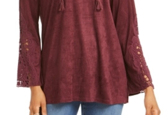 Style & Co Women's Faux Suede Lace Up Top Wine Size Small