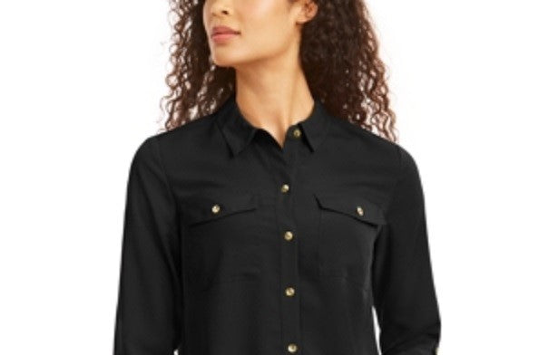 Charter Club Women's Button Front Shirt Black Size Small