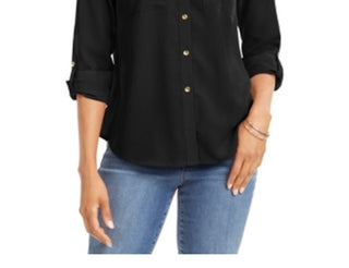 Charter Club Women's Button Front Shirt Black Size Small