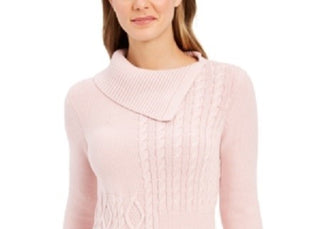 Charter Club Women's Patchwork Stitch Asymmetrical Collar Sweater Pink Size Medium