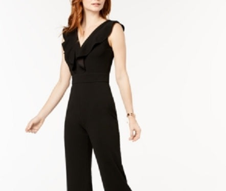 Bar III Women's Ruffled Neck Line Sleeveless V Neck Evening Boot Cut Jumpsuit Black Size 6