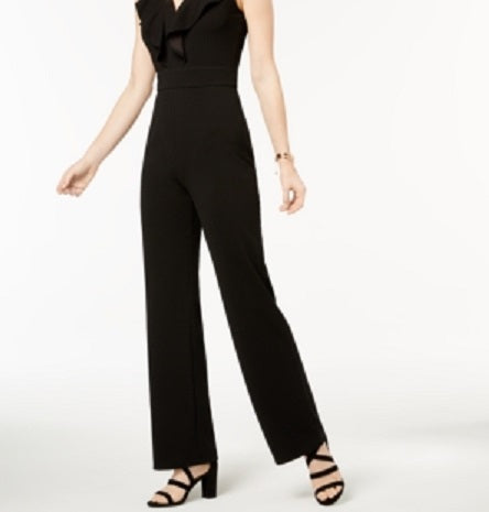 Bar III Women's Ruffled Neck Line Sleeveless V Neck Evening Boot Cut Jumpsuit Black Size 6