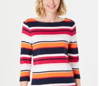 Charter Club Women's Cotton Striped Boat Neck Top Pink combo Size Petite XL