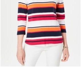 Charter Club Women's Cotton Striped Boat Neck Top Pink combo Size Petite XL