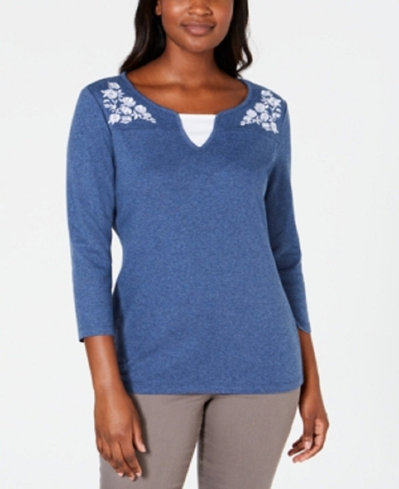 Karen Scott Women's Embroidered Cotton Layered Look Top Blue Size Petite M