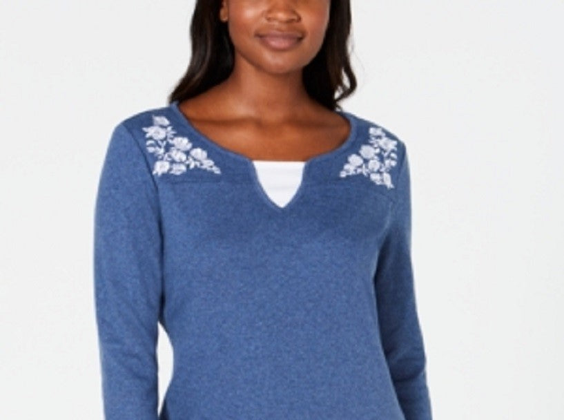 Karen Scott Women's Embroidered Cotton Layered Look Top Blue Size Petite M