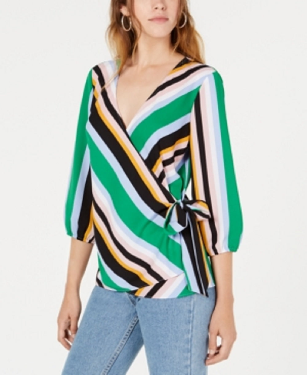 Bar III Women's Striped Wrap Blouse Green Size X-Small
