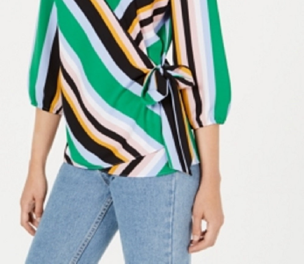 Bar III Women's Striped Wrap Blouse Green Size X-Small