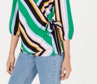 Bar III Women's Striped Wrap Blouse Green Size X-Small