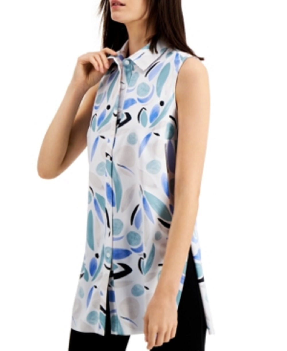 Alfani Women's Blouse ButtonDown Printed Knit Top Blue Size Petite XL