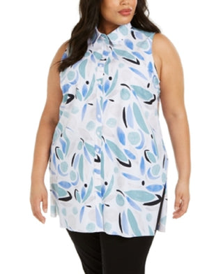 Alfani Women's Printed Button Down Tunic Top Blue Size 0X