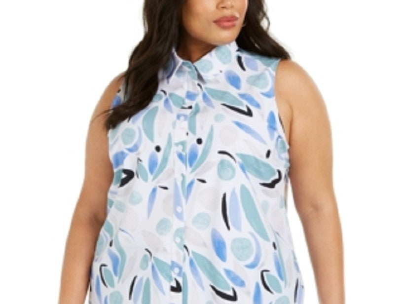 Alfani Women's Printed Button Down Tunic Top Blue Size 0X
