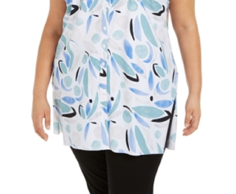 Alfani Women's Printed Button Down Tunic Top Blue Size 0X
