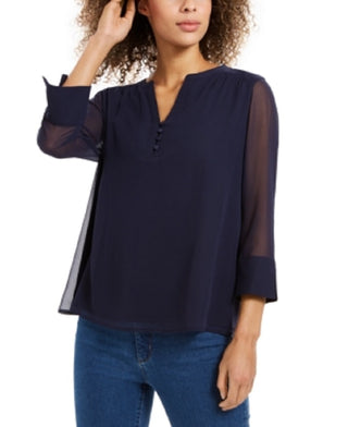 Charter Club Women's Petite Sheer-Sleeve Top Blue Size P/SM