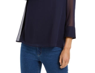 Charter Club Women's Petite Sheer-Sleeve Top Blue Size P/SM