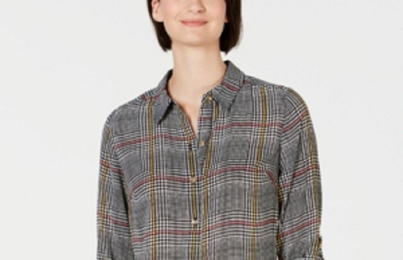 Charter Club Women's Printed Button Front Roll-Tab Sleeve Top -Black Size PS