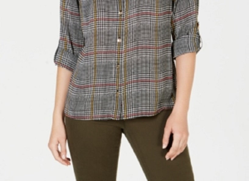 Charter Club Women's Printed Button Front Roll-Tab Sleeve Top -Black Size PS