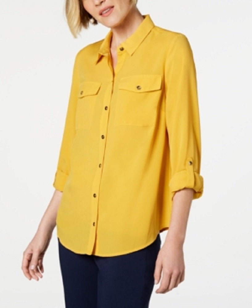 Charter Club Women's Solid Button-up Shirt Yellow Size Petite XL