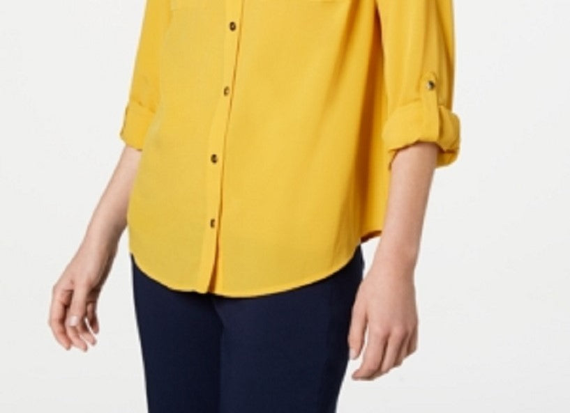 Charter Club Women's Solid Button-up Shirt Yellow Size Petite XL