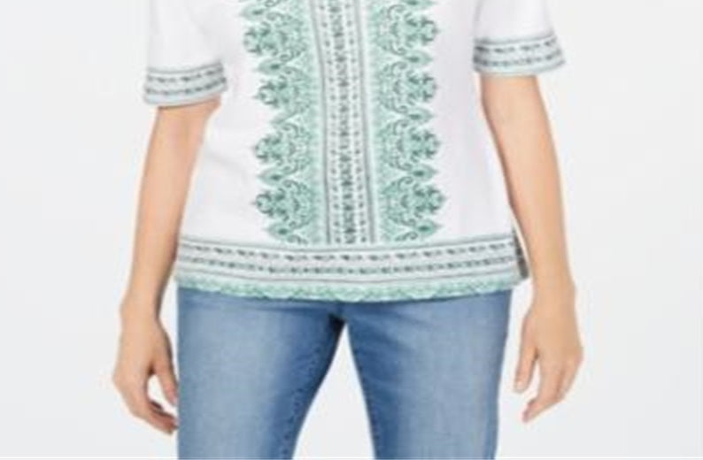 Karen Scott Women's Printed Short Sleeve Top White Size Small