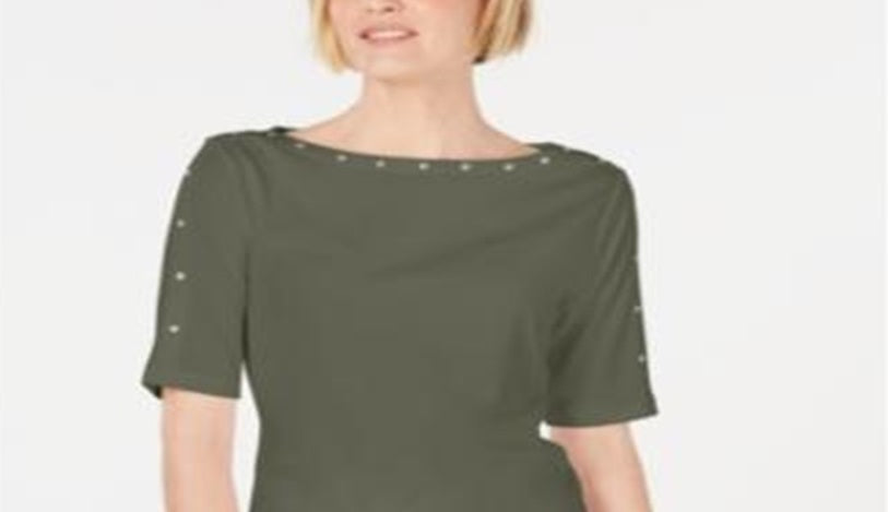 Karen Scott Women's Stud Embellished Boat Neck Top Green Size Small