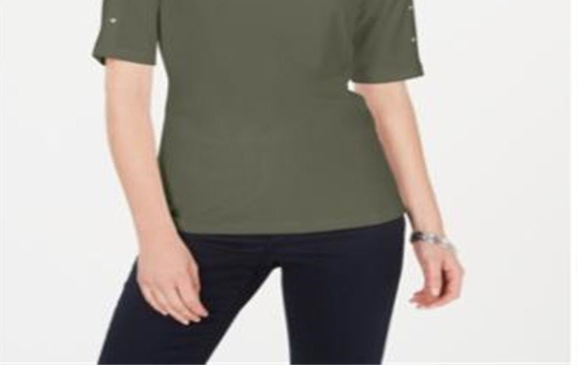 Karen Scott Women's Stud Embellished Boat Neck Top Green Size Small