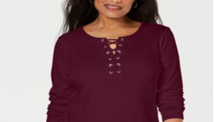 Karen Scott Women's Lace Up Long Sleeve Scoop Neck Top Red Size X-Small