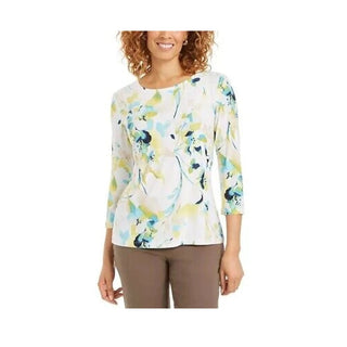 JM Collection Women's 3/4 Sleeve Novelty Printed Jacquard Top Green Size XL