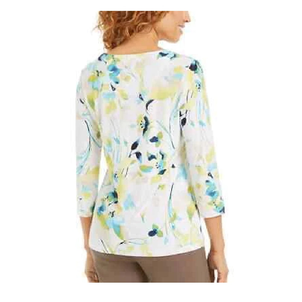 JM Collection Women's 3/4 Sleeve Novelty Printed Jacquard Top Green Size XL