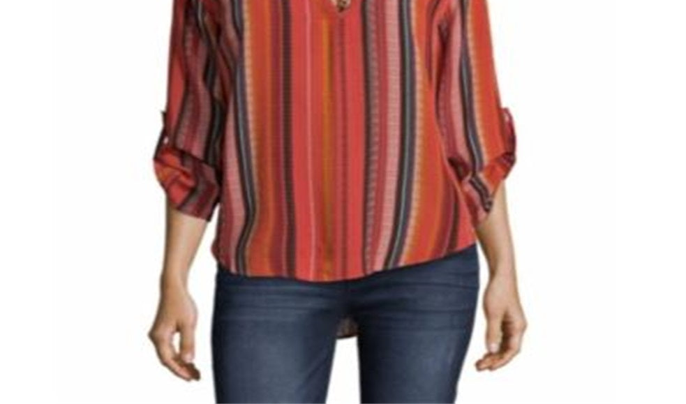 John Paul Richard Women's Striped Blouse With Roll Tab Sleeves Red Size Petite XS