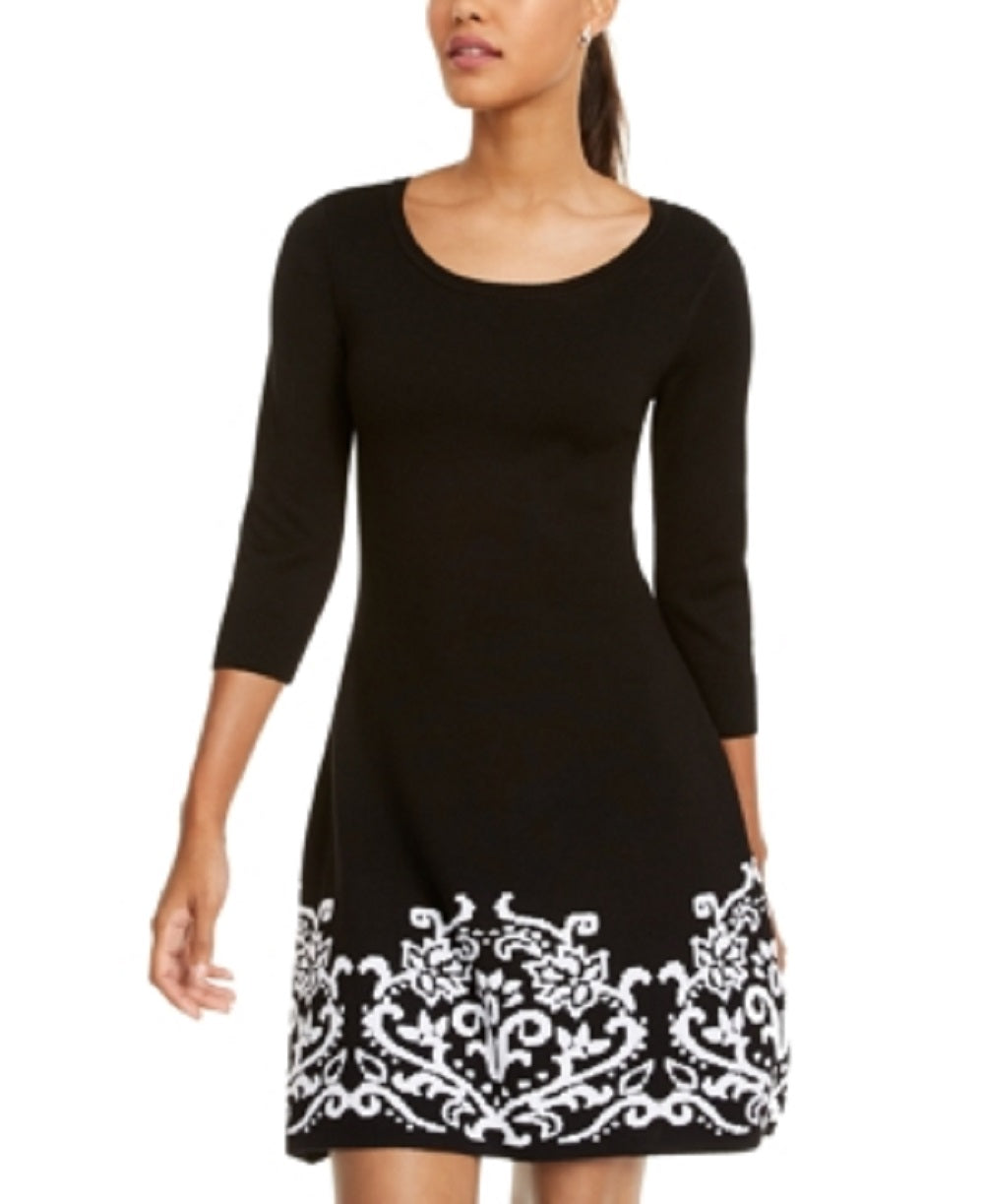 Sequin Hearts Junior's Border Print A Line Sweater Dress Black Size Small