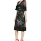 Trina Turk Women's Floral 3/4 Sleeve V Neck Below The Knee Fit Flare Dress Black Size 14