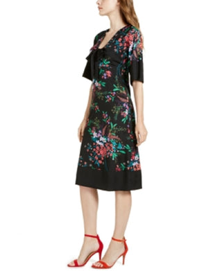 Trina Turk Women's Floral 3/4 Sleeve V Neck Below The Knee Fit Flare Dress Black Size 14