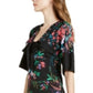 Trina Turk Women's Floral 3/4 Sleeve V Neck Below The Knee Fit Flare Dress Black Size 14