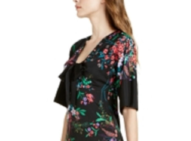 Trina Turk Women's Floral 3/4 Sleeve V Neck Below The Knee Fit Flare Dress Black Size 14