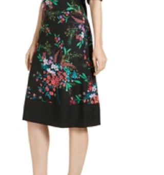 Trina Turk Women's Floral 3/4 Sleeve V Neck Below The Knee Fit Flare Dress Black Size 14