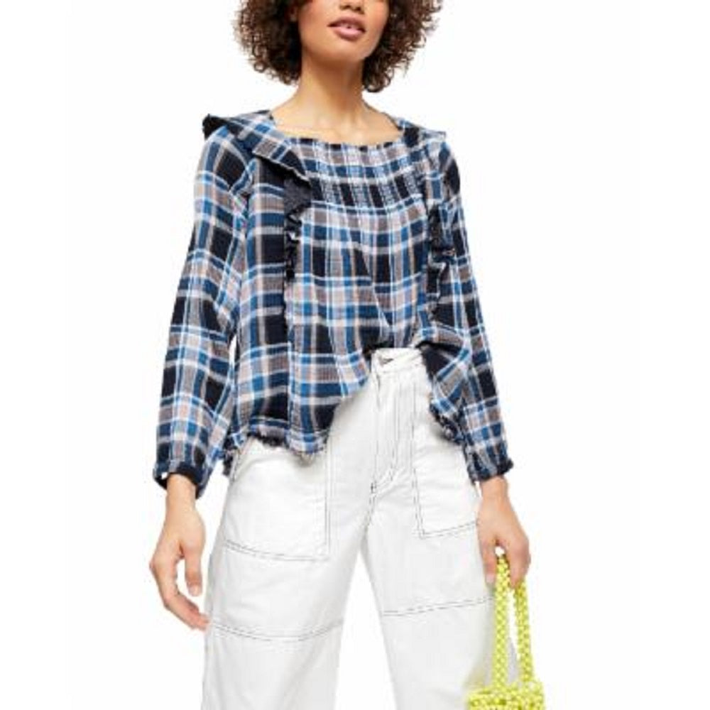 Free People Women's Ruffled Ruched Cut Out Plaid Long Sleeve Square Neck Top Blue Size Large