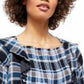 Free People Women's Ruffled Ruched Cut Out Plaid Long Sleeve Square Neck Top Blue Size Large