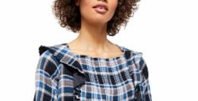 Free People Women's Ruffled Ruched Cut Out Plaid Long Sleeve Square Neck Top Blue Size Large