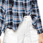 Free People Women's Ruffled Ruched Cut Out Plaid Long Sleeve Square Neck Top Blue Size Large