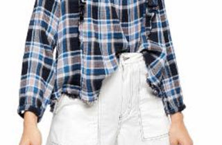 Free People Women's Ruffled Ruched Cut Out Plaid Long Sleeve Square Neck Top Blue Size Large