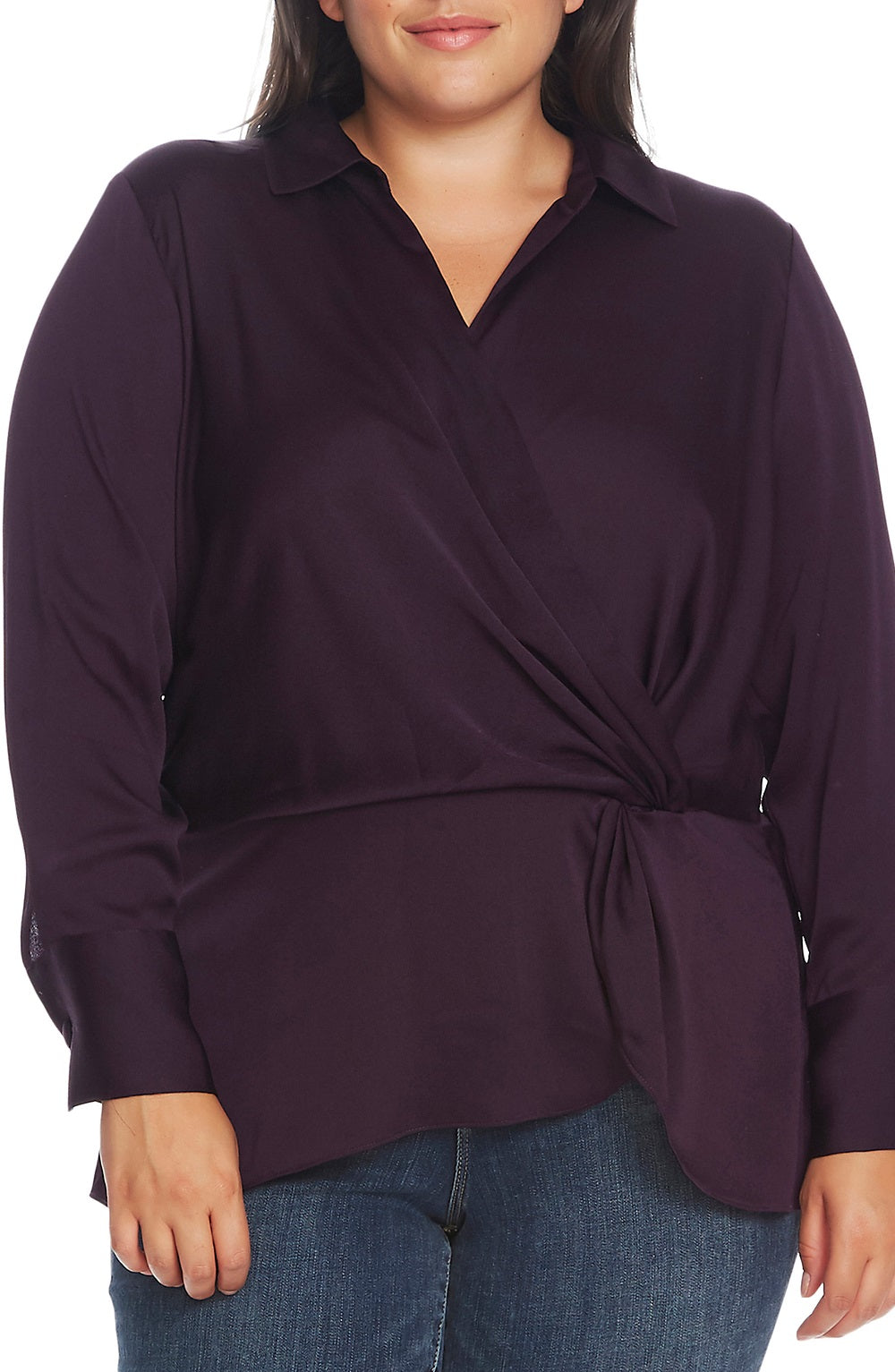 Vince Camuto Women's Plus Long Sleeve Hammer Satin Peplum Twist Blouse Purple Size 1X