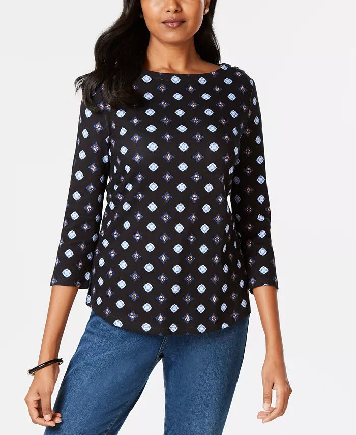 Charter Club Women's Printed Cotton Button-Shoulder Top Blue Size XL