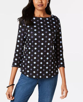 Charter Club Women's Printed Cotton Button-Shoulder Top Blue Size XL