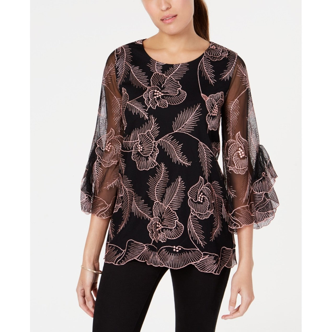 Alfani Women's Embroidered Flounce Sleeve Top Pink Size Petite L
