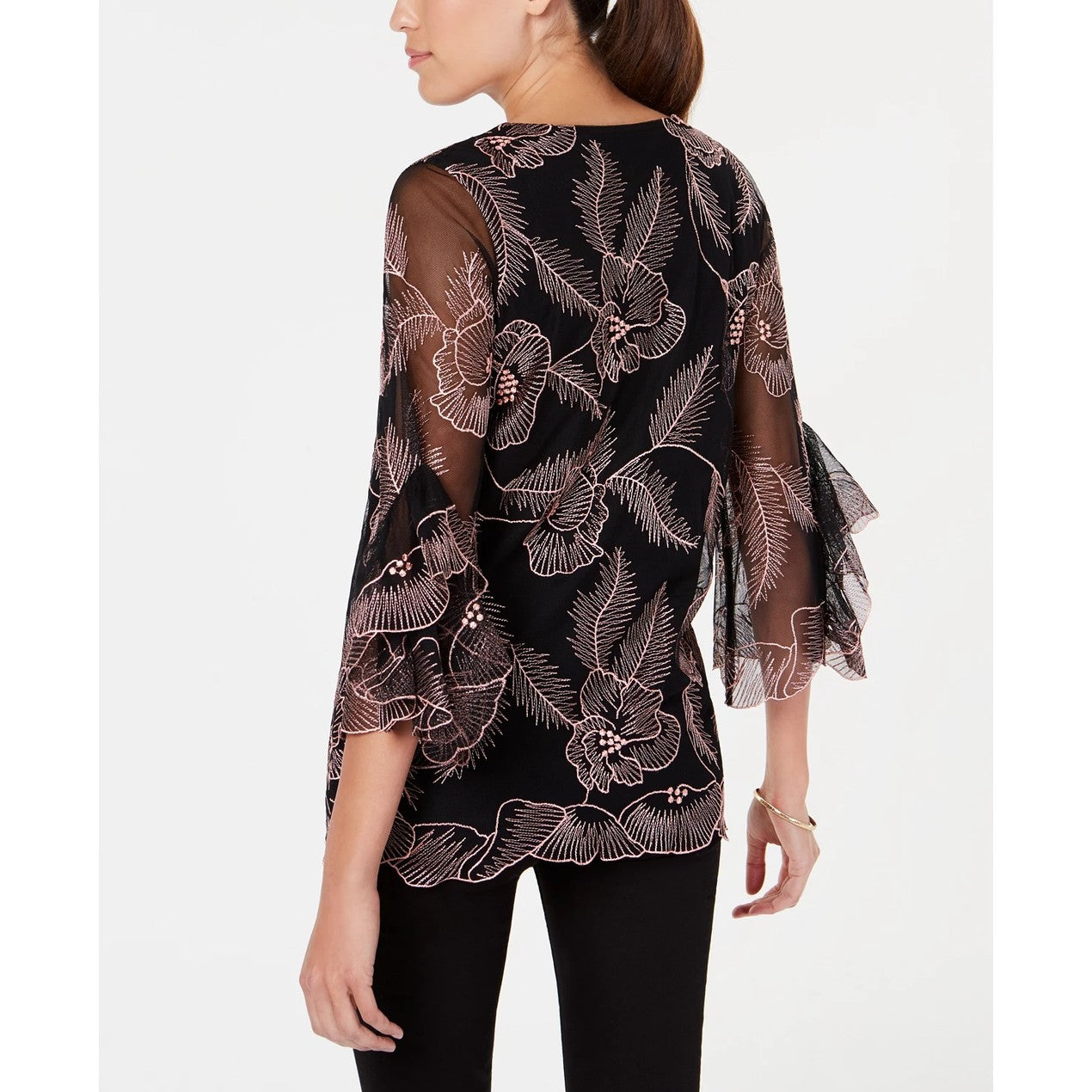 Alfani Women's Embroidered Flounce Sleeve Top Pink Size Petite L