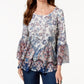 Style & Co. Women's Printed Flare Sleeve Blouse White/Blue  Size XX-Large