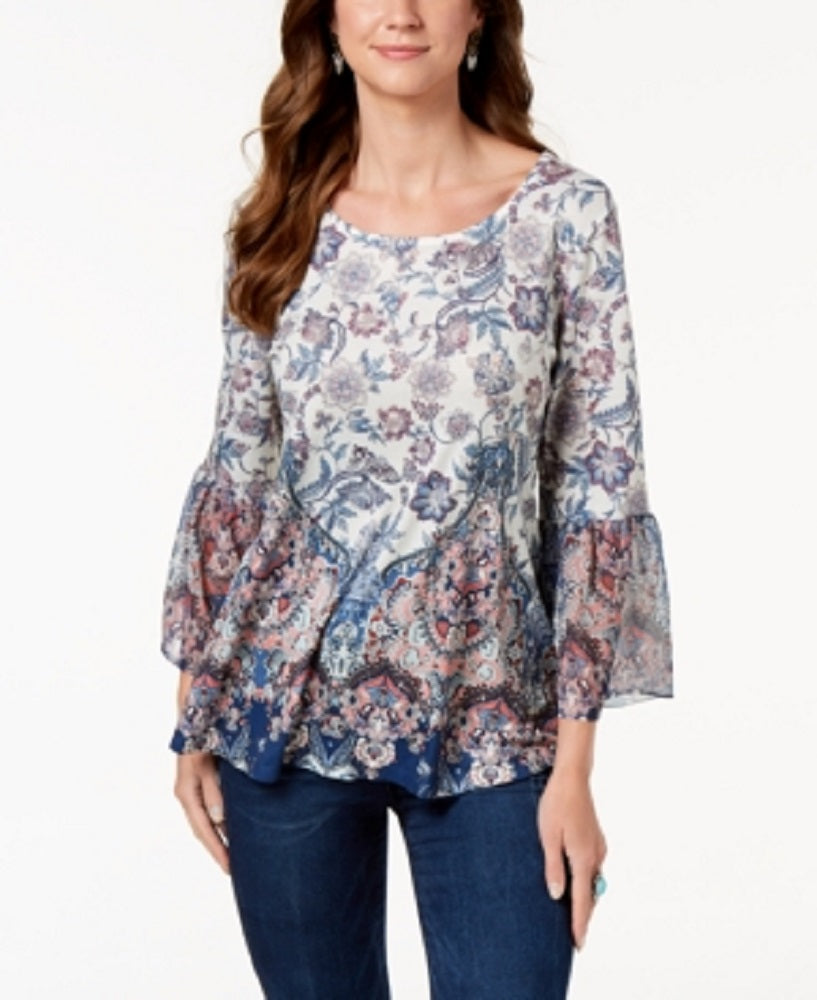 Style & Co. Women's Printed Flare Sleeve Blouse White/Blue  Size XX-Large